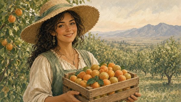 Ketruna Jacobs, a fictional character painted in an orchard (Ketruna now)